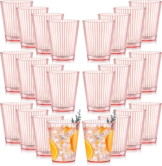 24 PCS Plastic Ribbed Drinking Glasses Pink 10oz Vintage Ripple Stemless Wine Glasses Cocktail Tumbler Glass Cups Disposable Retro Glasses Drinkware for Valentine Baby Shower Wedding