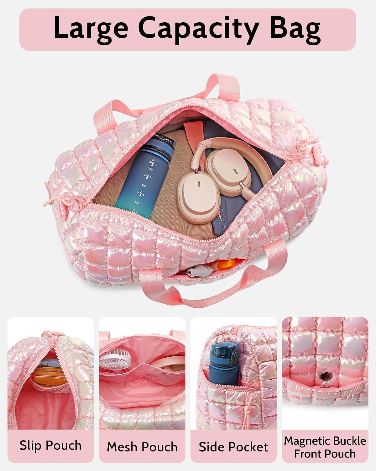 Quilted Duffel Bag for Women, Puffer Gym Duffle Bag with Shoe Compartment Lightweight Large Crossbody Sport Travel Bag Tote Pink Abalone