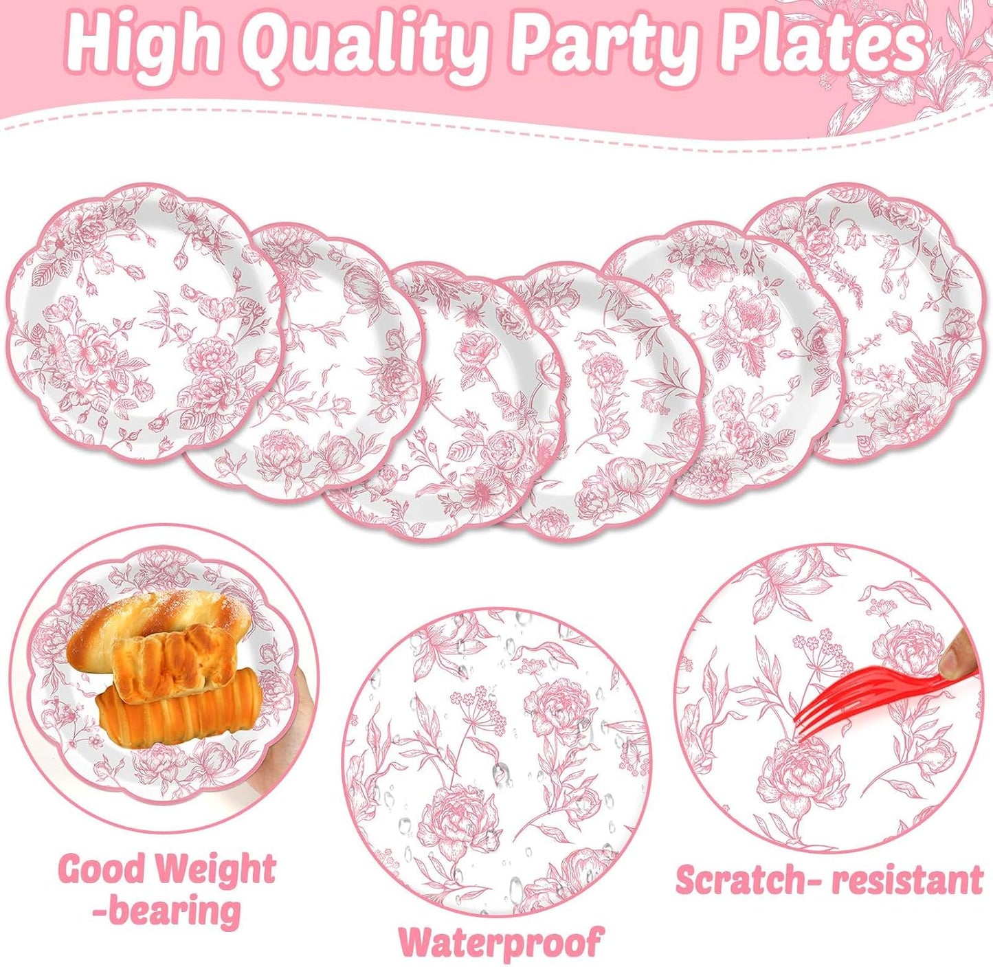 Wiooffen 80Pcs Pink Floral Paper Plates 7 Inches Floral Leaf Party Disposable Dessert Cake Plates Flower Tableware Decoration Supplies for Girl Tea Baby Shower Bridal Shower Garden Party Wedding