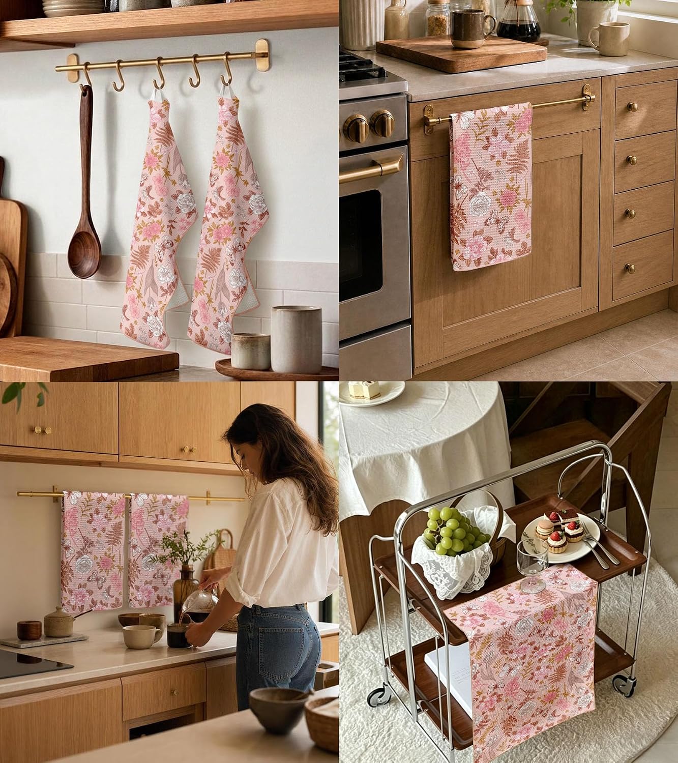Waffle Kitchen Towels - 2pcs Waffle Weave Dish Cloths Set with Hanging Loop Microfiber Drying Hand Tea Towels Decorative Absorbent Cute Design 16x26 Inch for Housewarming Gift, Pink Flower