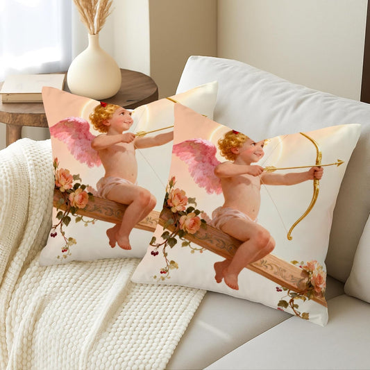 Cherub Throw Pillow Covers Set of 2, Romantic Fanciful Bow Wings Valentine Pastel Peach with Hidden Zipper Cover Decorative Pillows for Living Room Bedroom Loft Office Car Decor 18x18 Inch