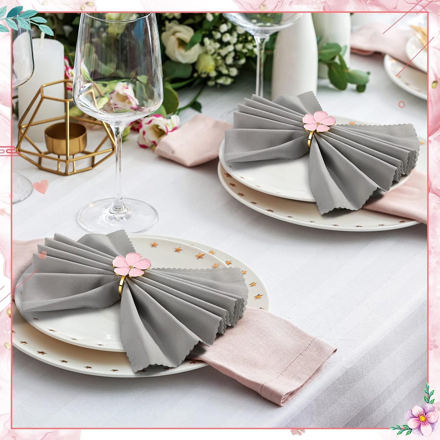 Patelai 50 Pcs Flower Napkin Rings Bulk Pink Gold Cloth Napkin Holder Floral Serviette Buckle Elegant Table Decor for Wedding Birthday Baby Shower Christmas Party Dinner Banquet Daily Use