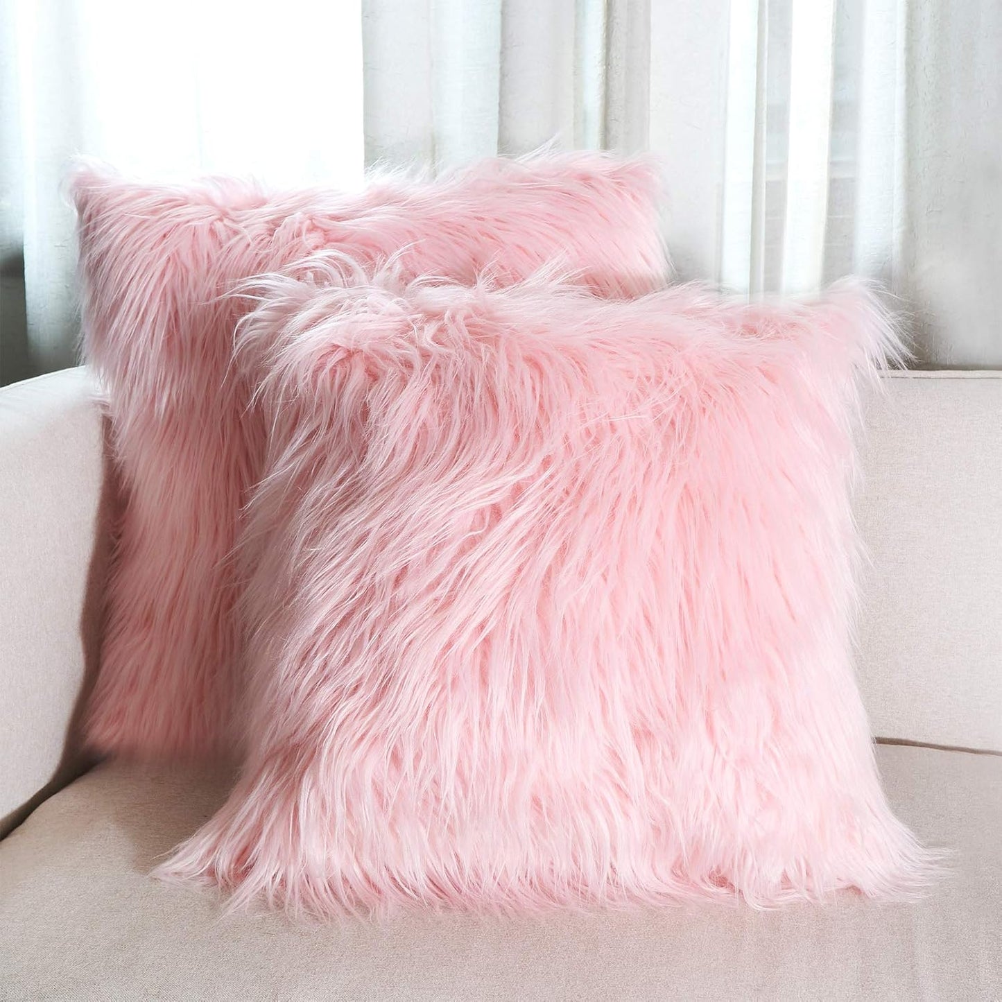 Faux Fur Throw Pillow Covers 18x18 Inch Home Decor Luxury Long Fur Mongolian Soft Square Cushion Cover 100% Polyester Floor Pillowcase for Couch 45x45cm, Pink, 2 Pieces