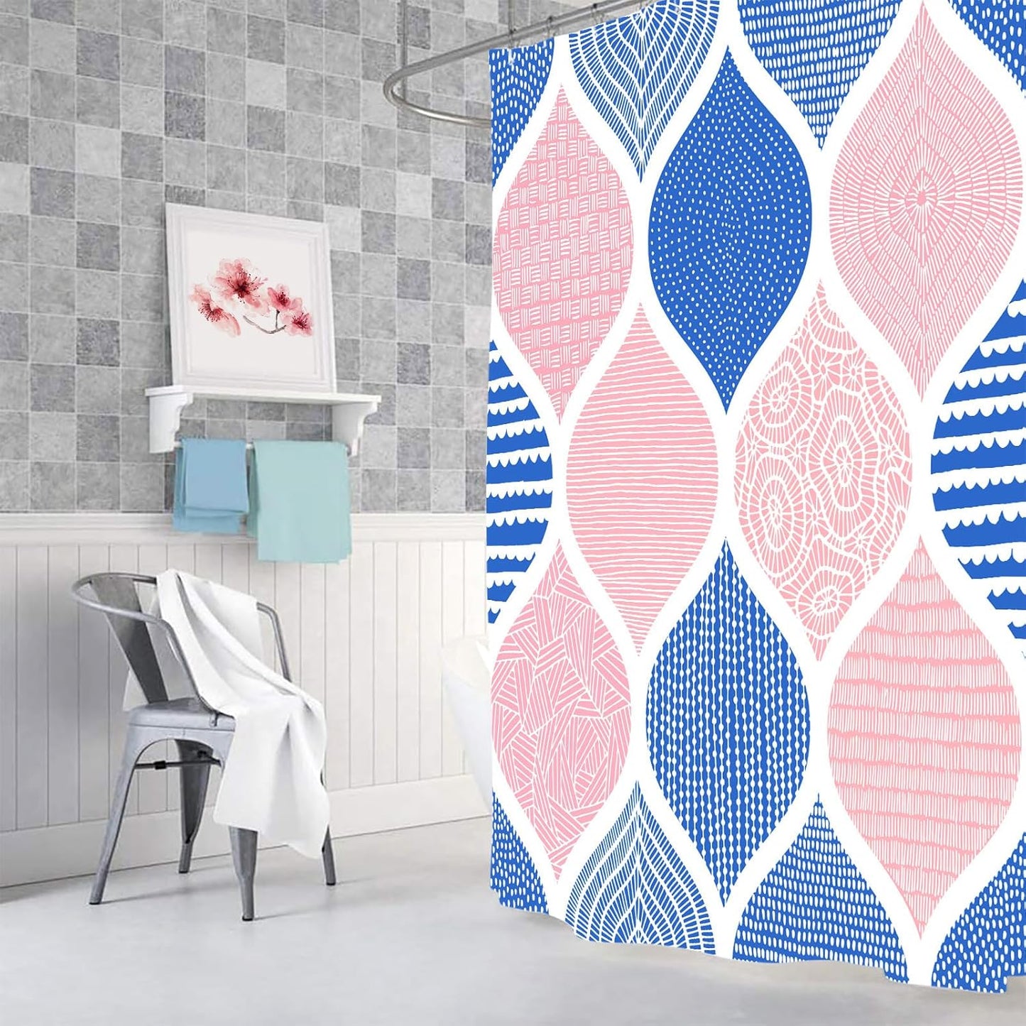 JAWO Blue and Pink Shower Curtain for Bathroom, Light Blue White Dark Pink Bohemian Chic Geometric Pattern Fabric Shower Curtains Set, Modern Paisley Restroom Decor Accessories with Hooks 72X75Inches