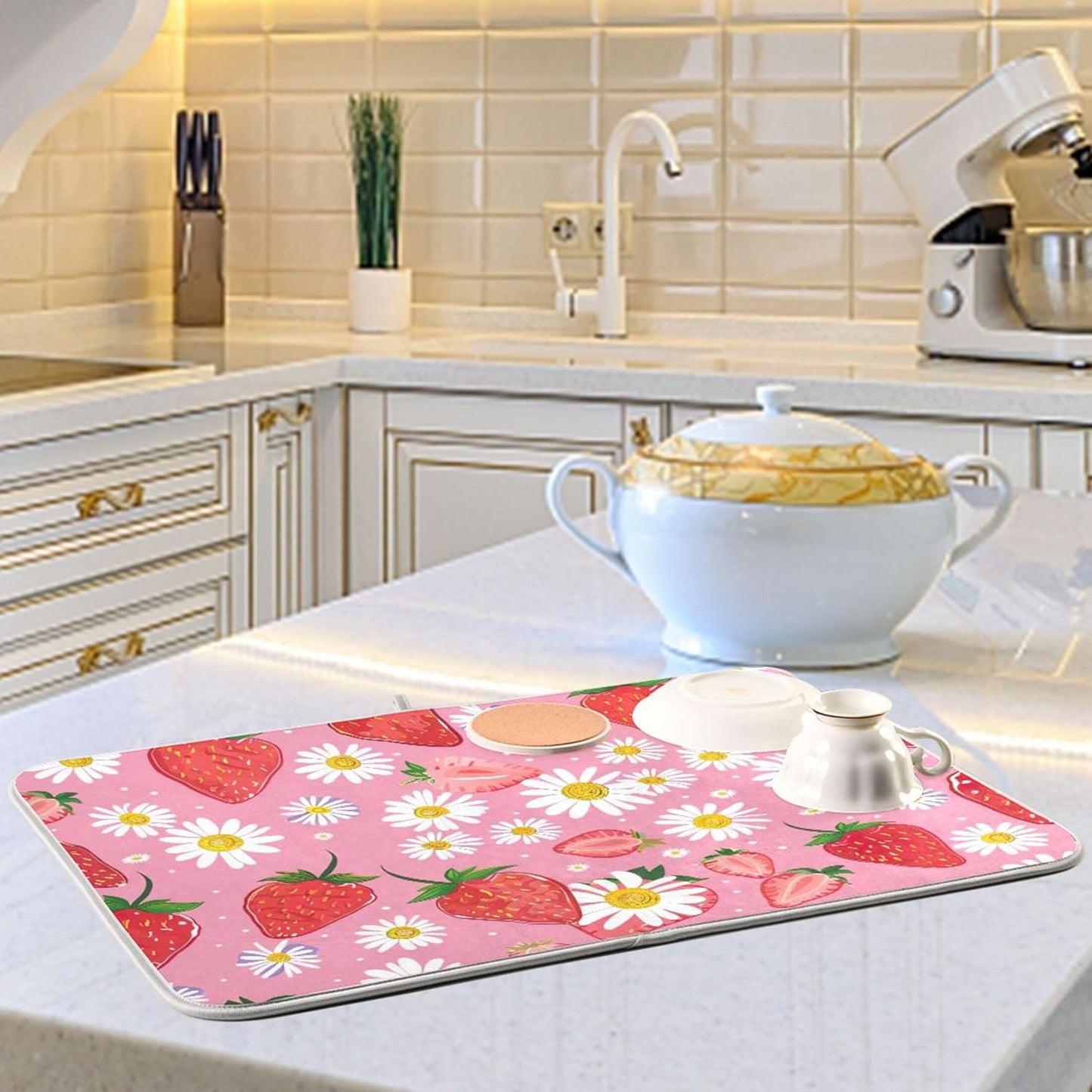Cute Strawberry Pink Dish Drying Mats Flower Super Absorbent Cartoon Dish Dry Mat for Kitchen Counter Decor, 18" x 24"