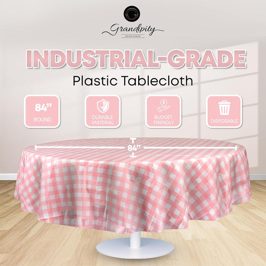 Grandipity Pink Gingham Checkered Plastic Table Cloth Disposable (6 Pk) 84in Round Tablecloth Premium Party Table Cloths Disposable - Perfect Table Cloth Round Cover for Any Table Up to 6 Feet