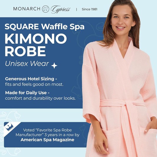 MONARCH Unisex Square Waffle Spa Kimono Robe – Soft Lightweight Fabric & Generously Sized Hotel & Spa Robe with Pockets