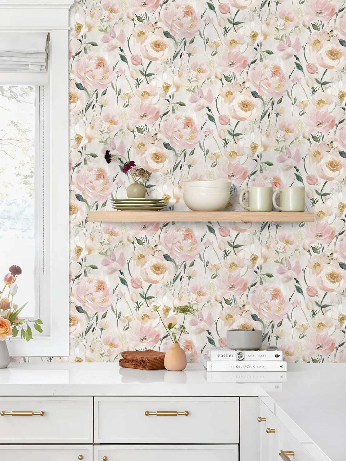 Heroad Floral Wallpaper Pink Flower Peel and Stick Wallpaper Peony Contact Paper Removable Self Adhesive Wall Paper for Bedroom Cabinets Bathroom Girl Nursery Living Room Vinyl Rolls 17.3''x 78.7''