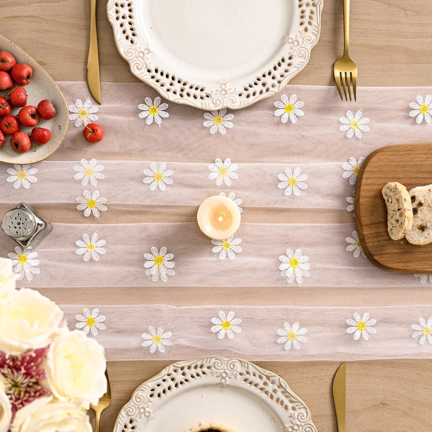 Artoid Mode Light Pink Daisy Gauze Embroidery Table Runner 120 Inch 10FT, Tulle Seasonal Spring Kitchen Dining Holiday Table Decor for Home Party