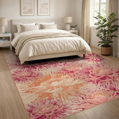 8'x10' Washable Flatwoven Rug, Peach Contemporary Floral Stain Resistant Extra Large Carpet Non-Slip Chair-Friendly Mat for Dining Room, Large Office, Lounge | Ref:2116739