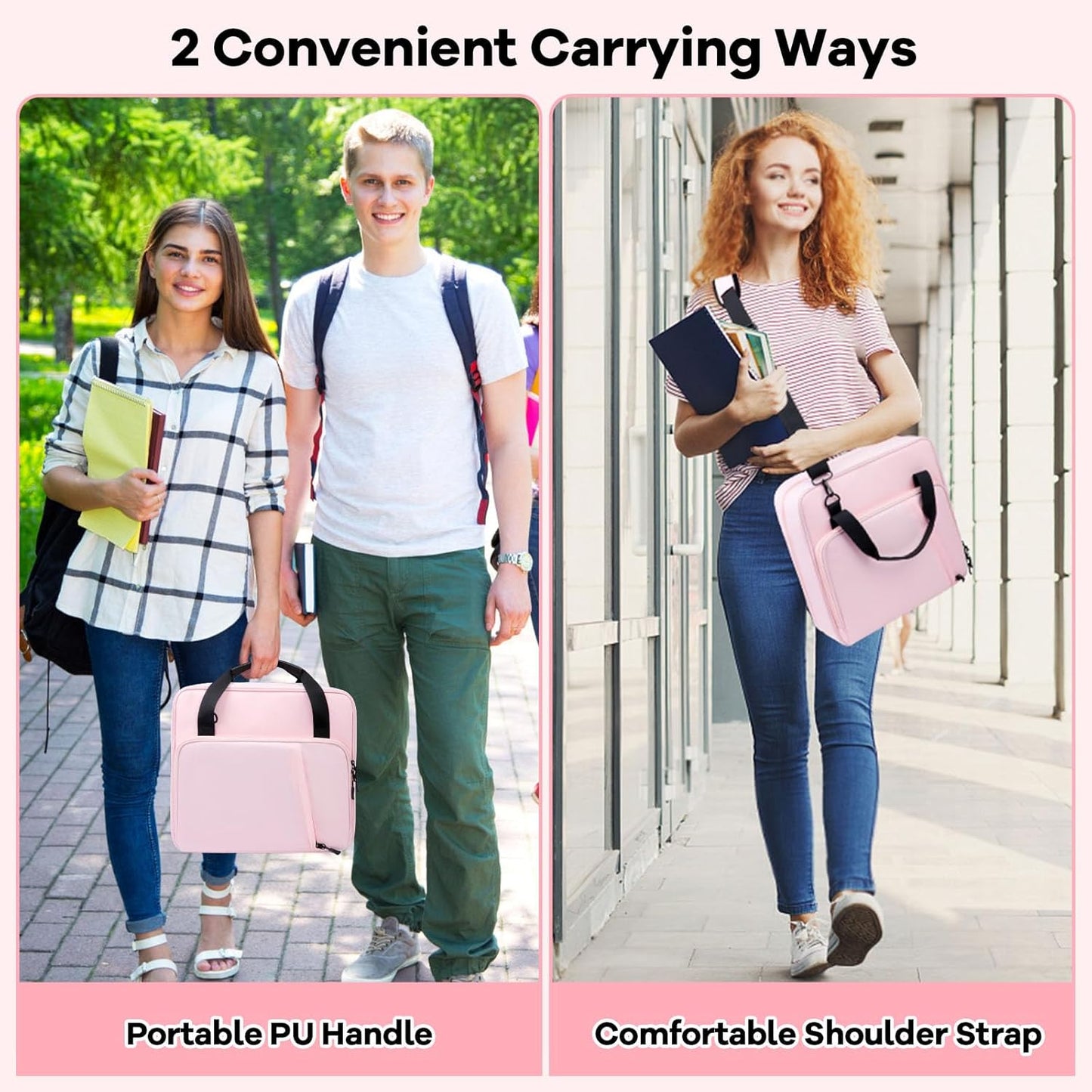 3 D-Ring Zipper Binder 2 Inch with Shoulder Strap, Waterproof Oxford Binder with Zipper Storage 500 Sheets Capacity, Multi-Pockets Organizer Bag for 13 Inch Laptop School& Office (Pink)