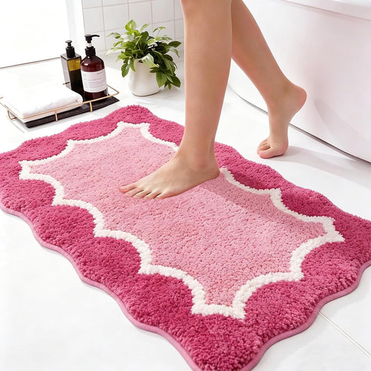 Cute Scalloped Rose Pink Bathroom Rugs Mat,Non Slip Absorbent Quick Dry Bath Mats for Shower Room,Microfiber Bath Mats for Bathroom Floor Washable Carpet for Shower Tub Sink Bedroom,20"x32"