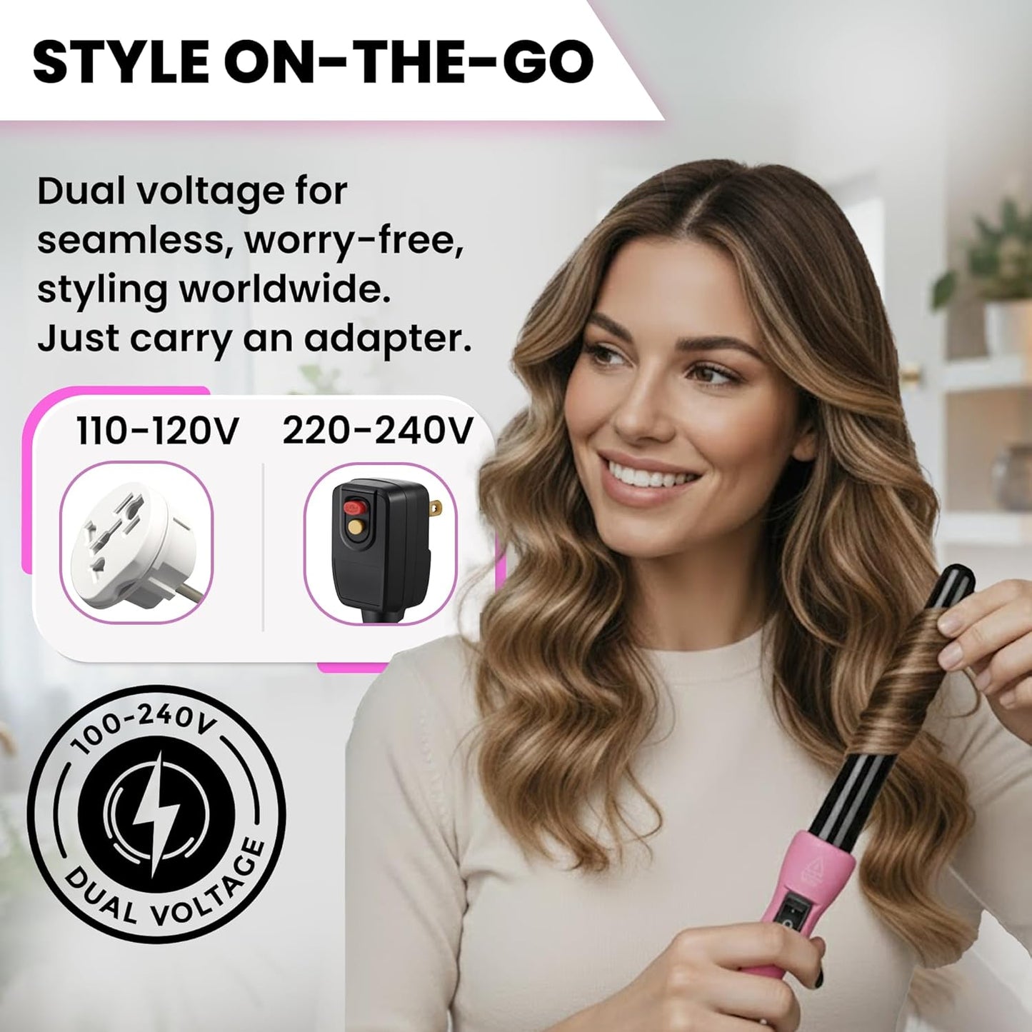 HerStyler Grande Ceramic Curling Iron - 1 inch, Pink (Curling Wand for Long Short Hair, Dual Voltage, Negative Ions, Tapered Barrel, User Friendly, PF30)
