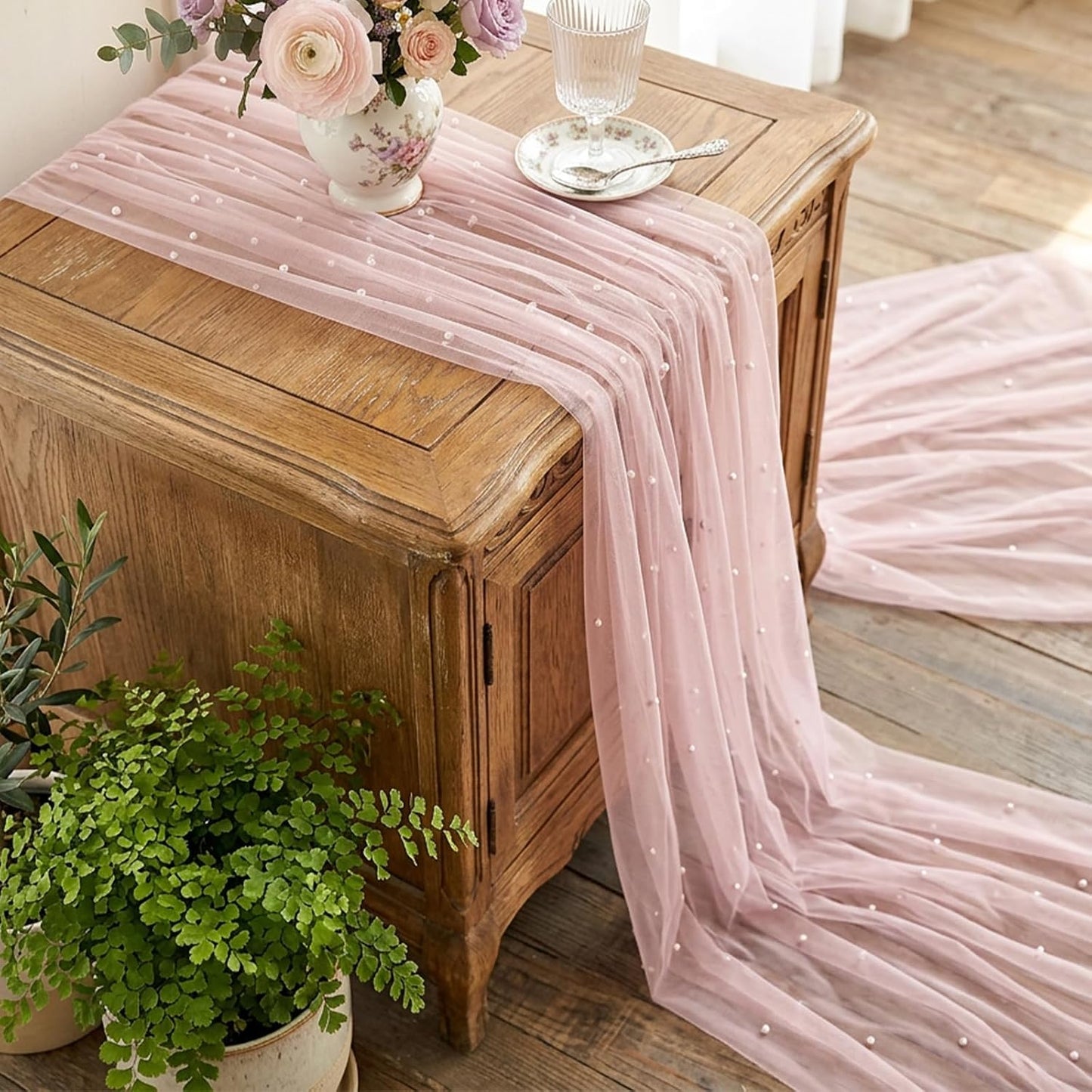 Pink Pearl Table Runner, 30x120 Inch Tulle Fabric Lace Table Runner, Boho Romantic Table-Runners with Pearls, Gauze Table-Runners for Bridal Shower, Birthday Party, Wedding, Dining and Baby Shower