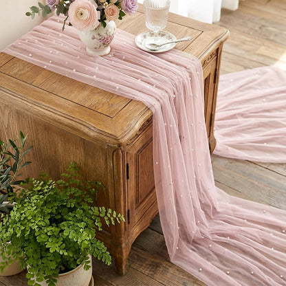 Pink Pearl Table Runner, 30x120 Inch Tulle Fabric Lace Table Runner, Boho Romantic Table-Runners with Pearls, Gauze Table-Runners for Bridal Shower, Birthday Party, Wedding, Dining and Baby Shower