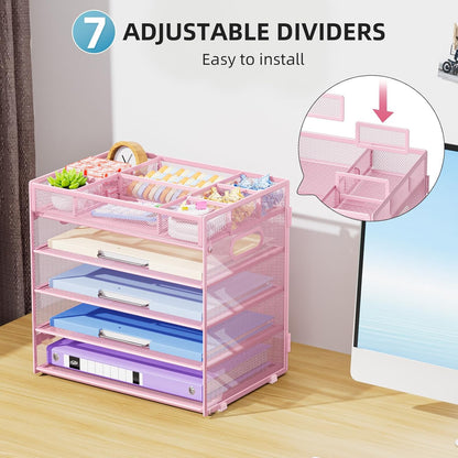 Marbrasse 5 Tier Paper Organizer Letter Tray, Mesh Desk File Organizer with Handle, Paper Sorter Desk Organizer for Home Office Supplies - Pink, Adjustable