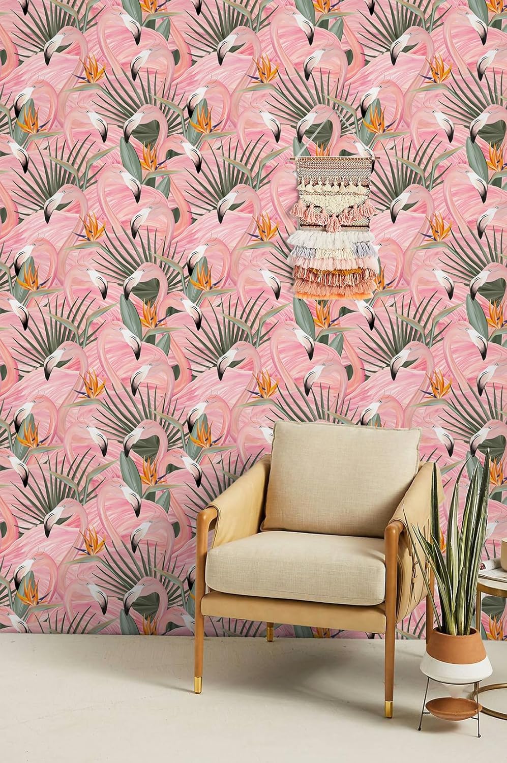 HAOKHOME Pink Wallpaper Peel and Stick Tropical Flamingos Removable Stick on Contact Paper for Bedroom Pink/Green/Orange 17.7in x 9.8ft