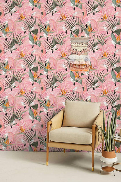 HAOKHOME Pink Wallpaper Peel and Stick Tropical Flamingos Removable Stick on Contact Paper for Bedroom Pink/Green/Orange 17.7in x 9.8ft