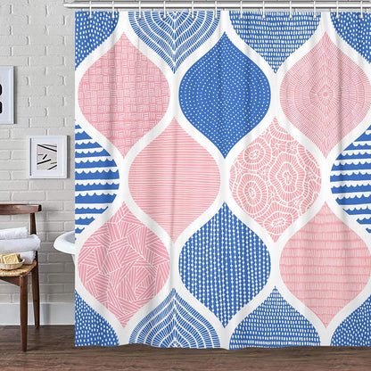JAWO Blue and Pink Shower Curtain for Bathroom, Light Blue White Dark Pink Bohemian Chic Geometric Pattern Fabric Shower Curtains Set, Modern Paisley Restroom Decor Accessories with Hooks 72X75Inches