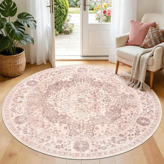 nesrt 5ft Washable Round Area Rug for Living Room Bedroom, Soft Non-Slip Round Kids Floor Mat, Vintage Ultra Thin Decorative Circle Carpet for Dining Room, Nursery, Boho Home Decor (Pink)