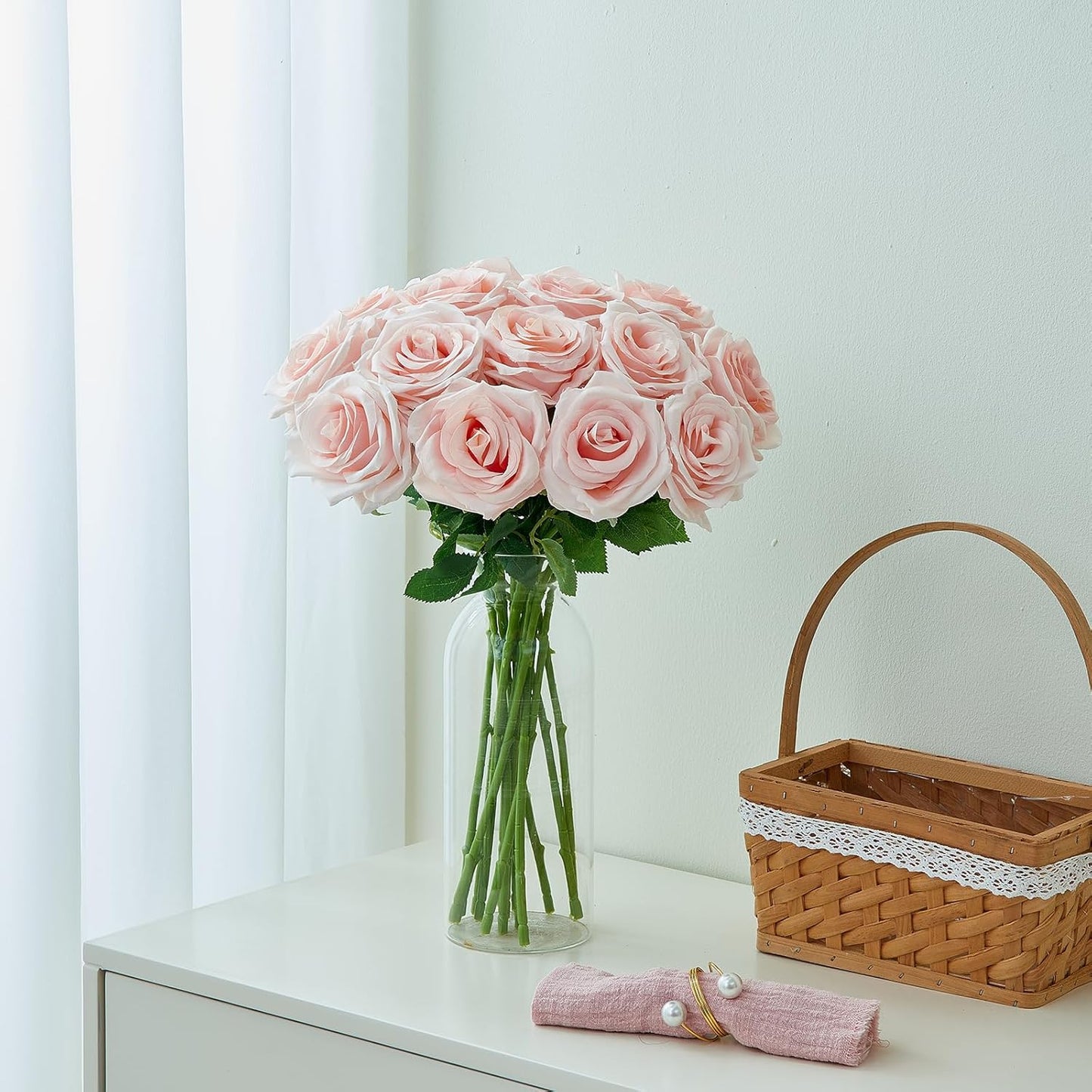 15pcs Blush Roses Artificial Flowers Silk Fake Flowers Realistic Pink Roses Bouquet Long Stemink for Wedding Home Party Birthday Decoration