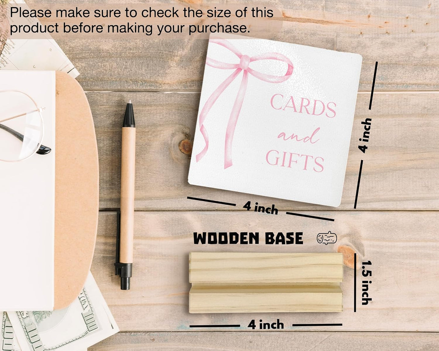 Coquette Pink Bow Cards and Gifts Sign, Gift Table Sign Wood Plaque, Bridal Shower Signs for Ceremony and Reception Wooden Plaque with Wood Stand for Wedding Reception Decorations, 4x4 Inch