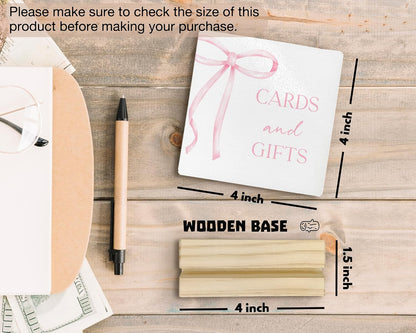 Coquette Pink Bow Cards and Gifts Sign, Gift Table Sign Wood Plaque, Bridal Shower Signs for Ceremony and Reception Wooden Plaque with Wood Stand for Wedding Reception Decorations, 4x4 Inch