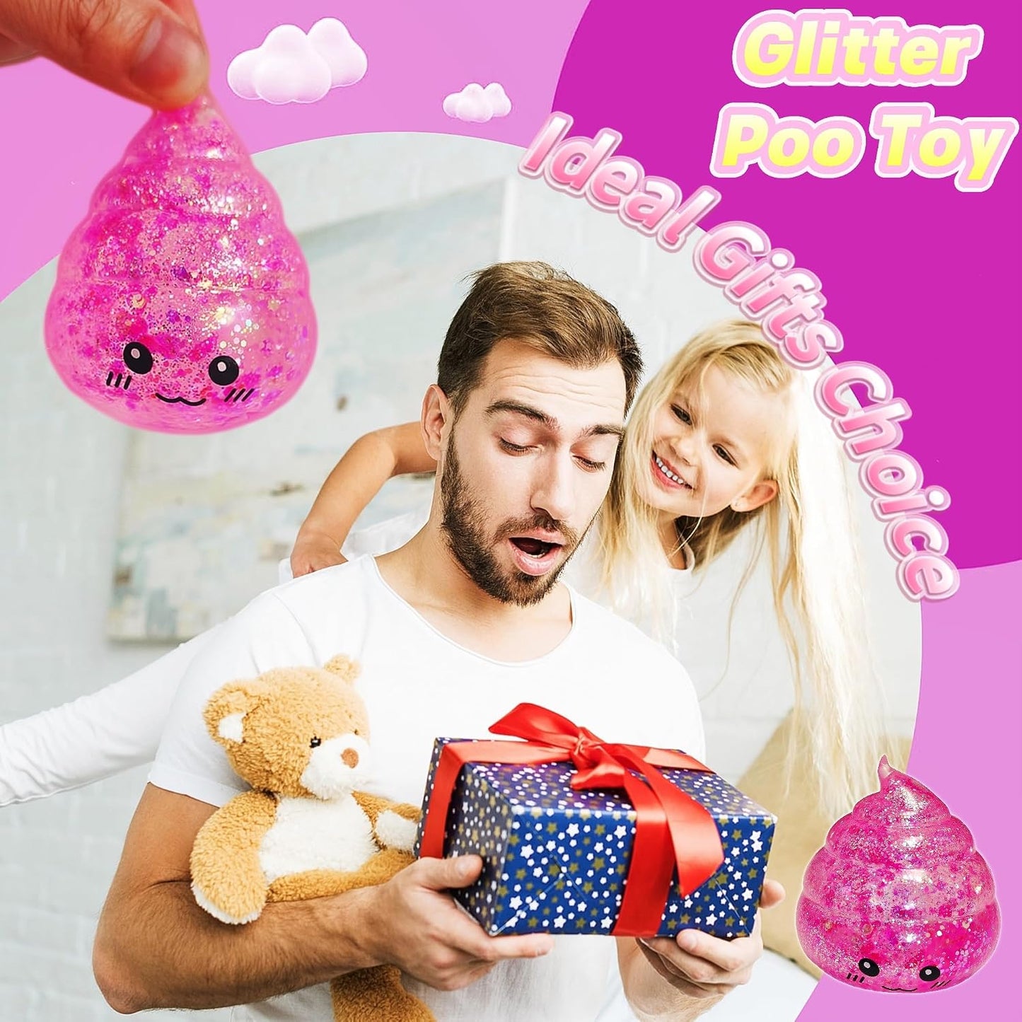 Novelty Squishy Poop Sugar Stress Ball Sensory Toys, Kawaii Poop Shape Squishies, Funny Squishy Poo Toy, Glitter Stress Balls for Kids and Adults, Prank Surprise, Gifts, Party Favors (Pink)