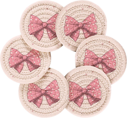 6Pcs Pink Bows Coasters with Holder,Absorbent Drink Coasters Woven Coasters Set for Coffee Table Home Decor Bar Housewarming Gift,3.94 Inches A111311