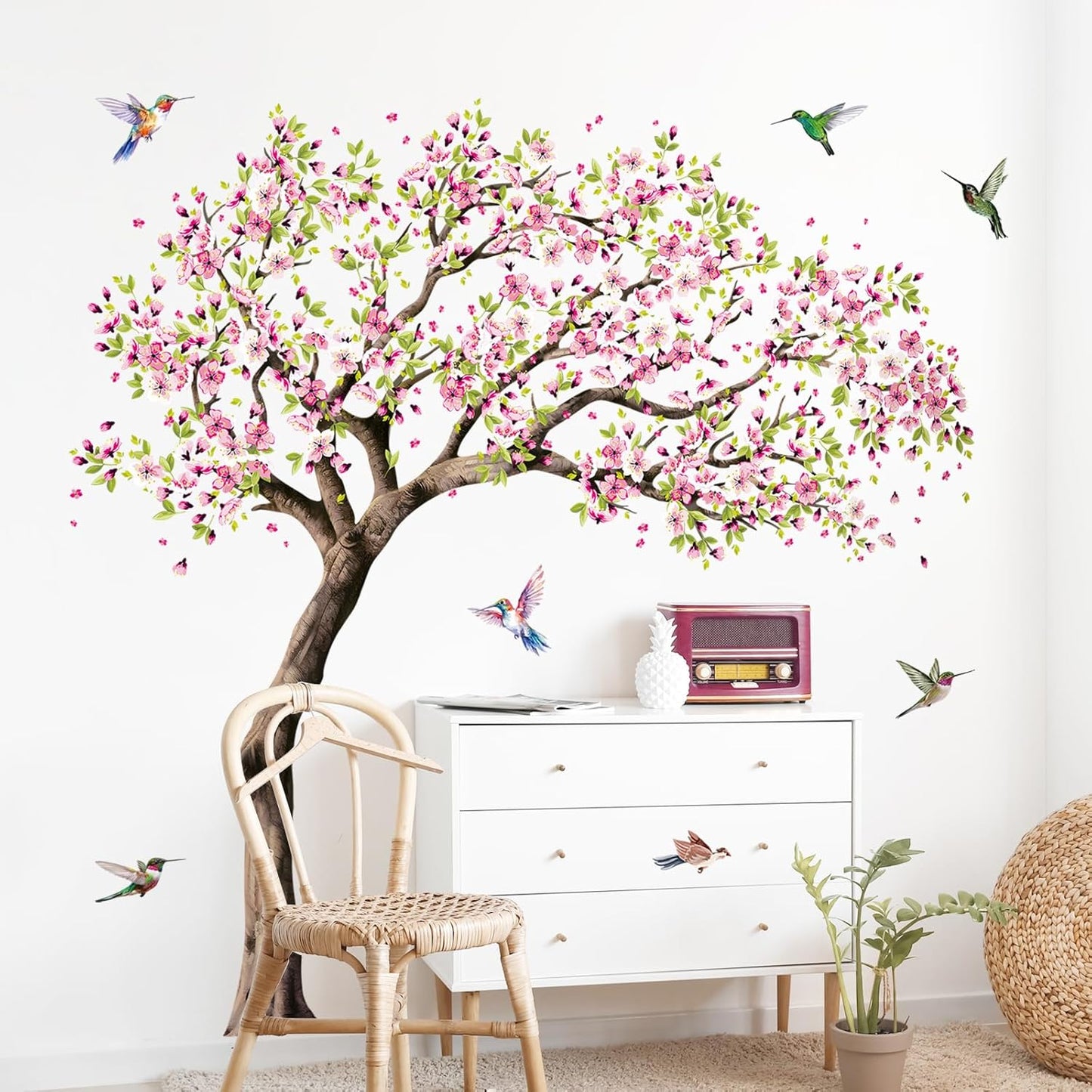 Large Cherry Flower Tree Wall Decals Spring Pink Cherry Blossom Hummingbirds Wall Stickers Peel and Stick for Girls Bedroom Living Room Kitchen Sofa TV Backdrop Decoration Gift for Mom