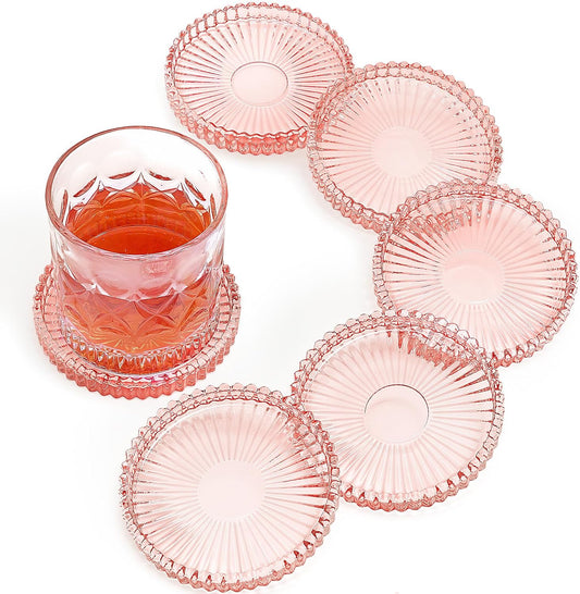 Modern Glass Coasters, GOH DODD Set of 6 Crystal Coasters Tabletop Protection for Drinks, Home Decor, Kitchen, Living Room, Patio, Wedding, Party, Housewarming Gifts, Clear Pink