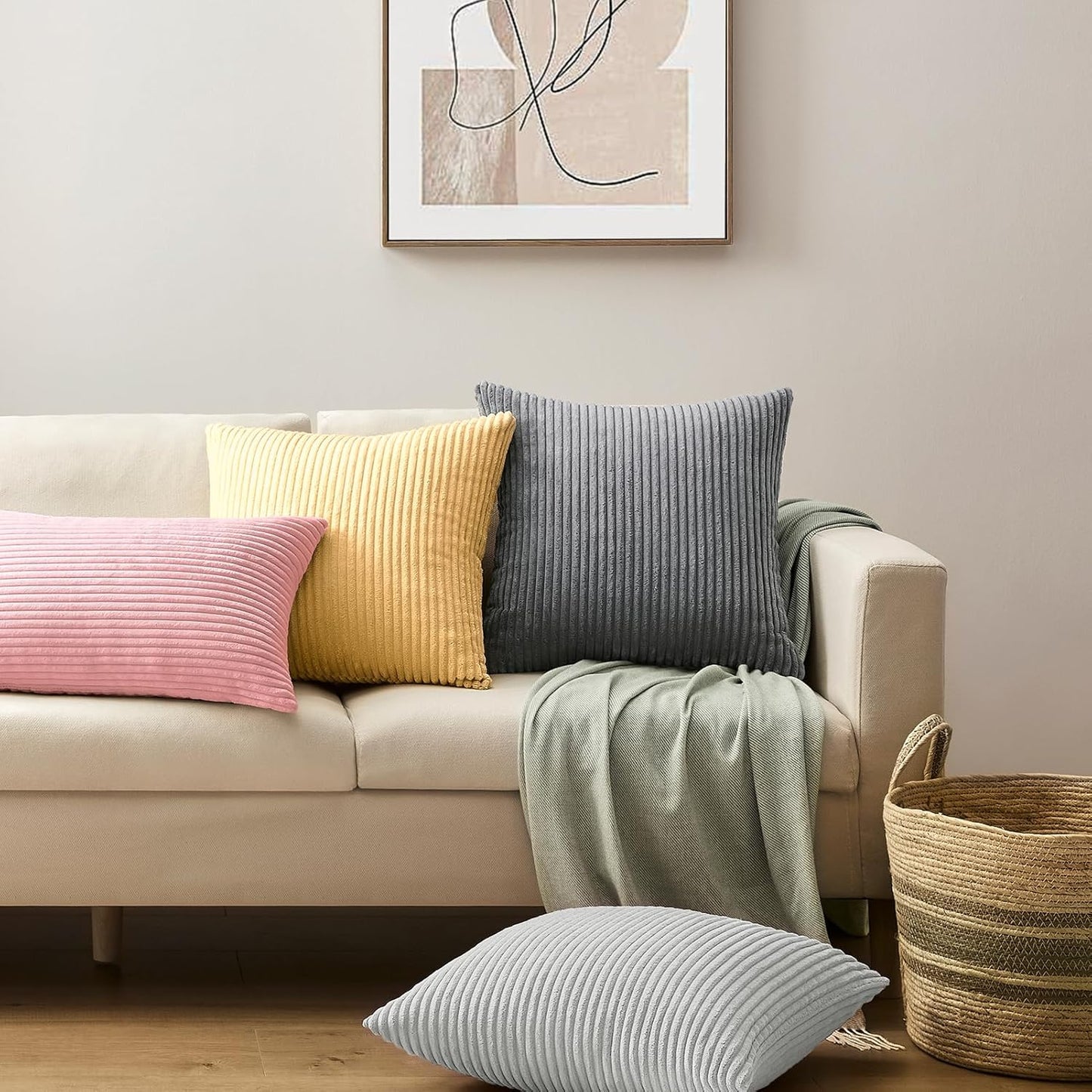 Softalker Decorative Throw Pillow Covers 18x18, Set of 2 Soft Corduroy Striped Boho Solid Pillow Cover, Modern Farmhouse Home Decor House Warming Gifts for Couch Sofa Bed Living Room, Light Pink