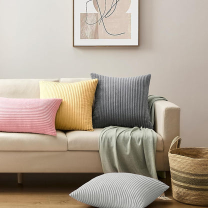 Softalker Decorative Throw Pillow Covers 18x18, Set of 2 Soft Corduroy Striped Boho Solid Pillow Cover, Modern Farmhouse Home Decor House Warming Gifts for Couch Sofa Bed Living Room, Light Pink