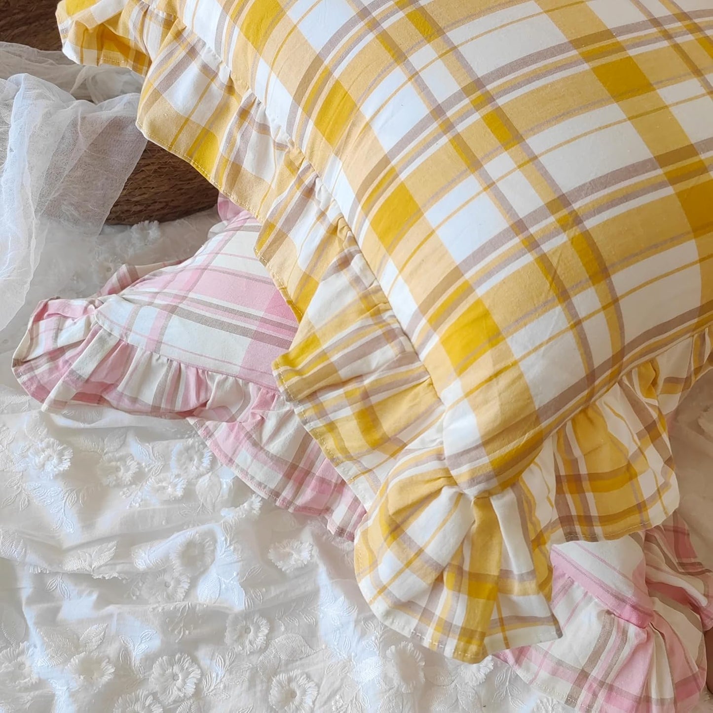 Pink Plaid Throw Pillow Covers, 100% Cotton Ruffle Edge Cushion Covers, Farmhouse Shabby Decorative Chic Pillowcases for Living Room Sofa Bedroom Girls Room, 18x18 Inch Set of 2