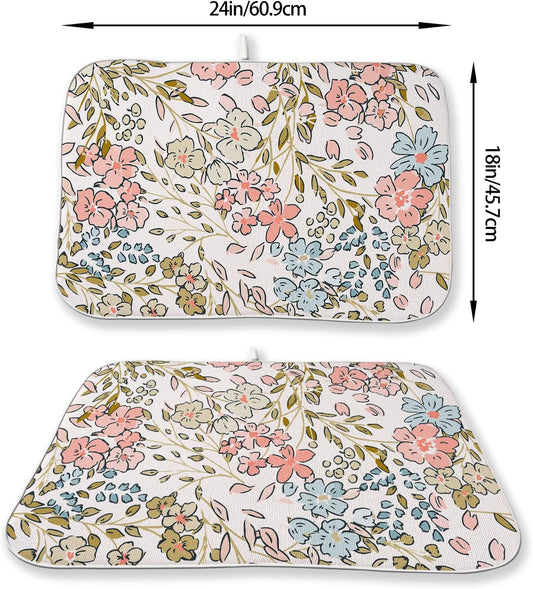 Spring Pink Blue Floral Dish Drying Mats 18x24 Inch Watercolor Wildflower Drying Mats Seasonal Summer Holiday Absorbent Dish Drying Pad for Kitchen Dining Room Counter Indoor Decorations