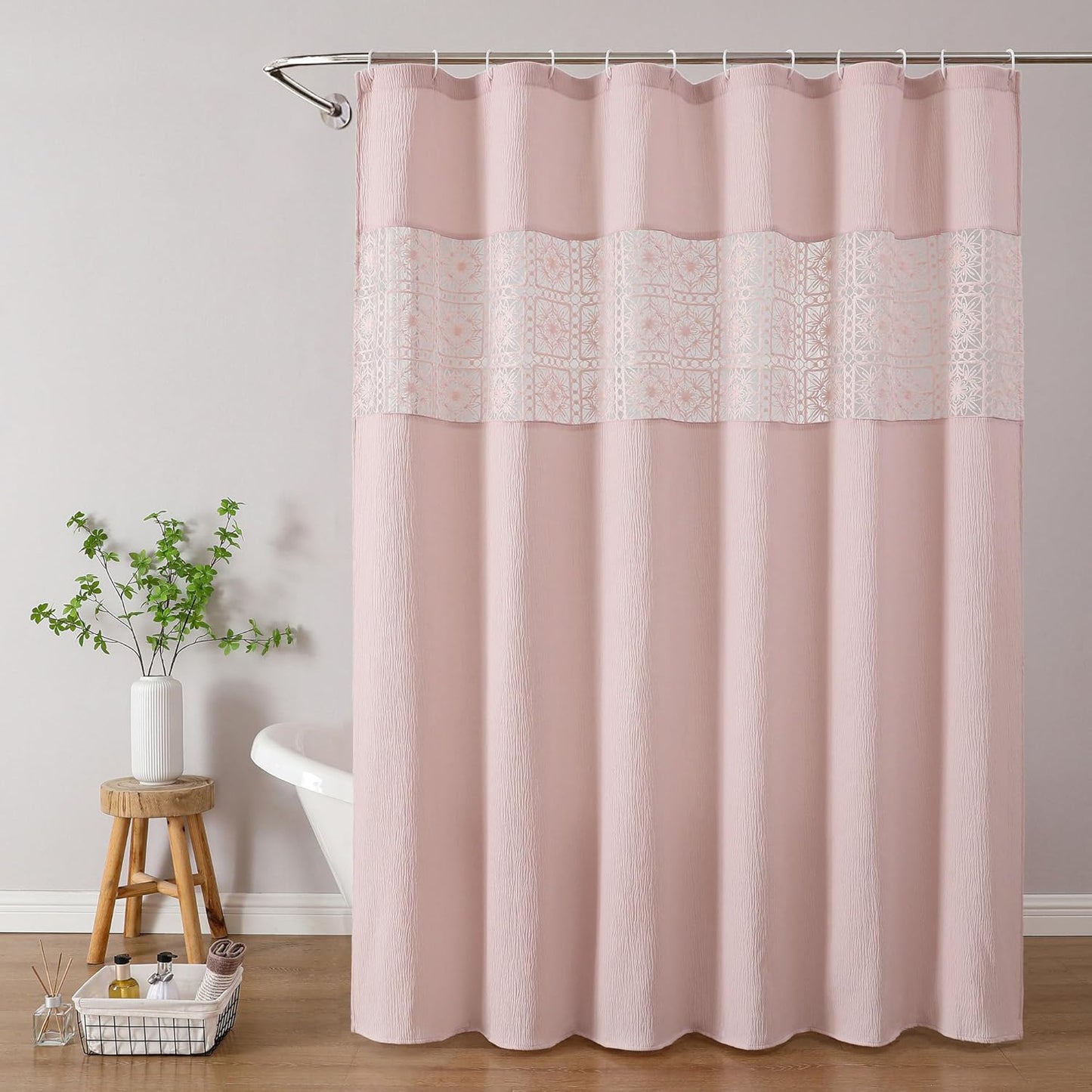 OVZME Blush Pink Boho Shower Curtain 72 Inch Long for Bathroom, Heavy Weighted Textured Crinkle Fabric Shower Curtains with Embroidery Cutwork, Machine Washable Elegant Luxury Bath Curtain, 72Wx72L