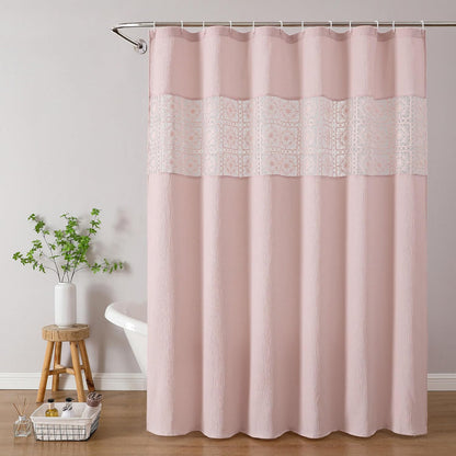 OVZME Blush Pink Boho Shower Curtain 72 Inch Long for Bathroom, Heavy Weighted Textured Crinkle Fabric Shower Curtains with Embroidery Cutwork, Machine Washable Elegant Luxury Bath Curtain, 72Wx72L