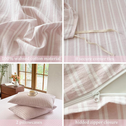 Striped Duvet Cover Set 100% Washed Cotton Linen Like Soft Feelling Breathable Bedding(Greyish Pink/White Strip,King)