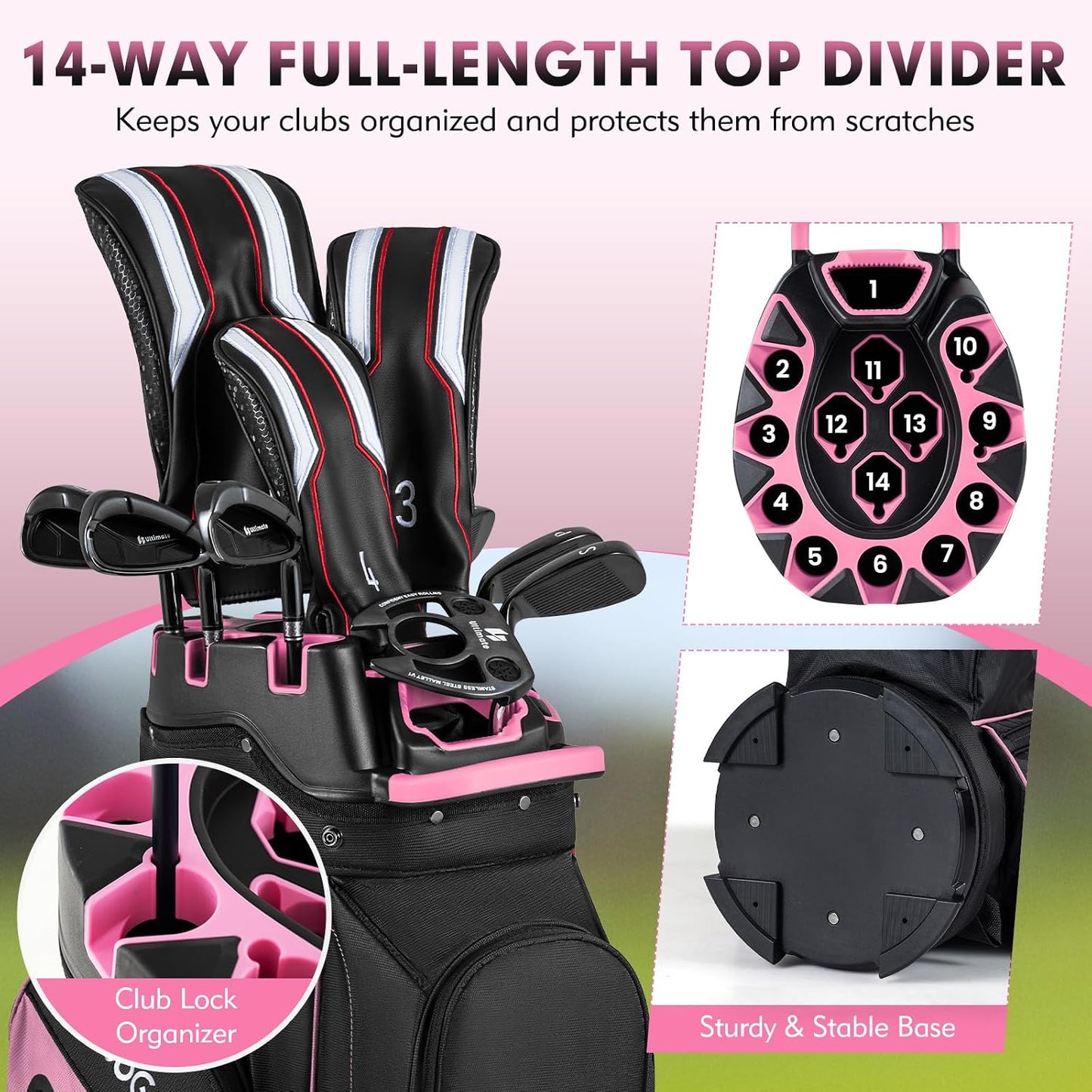 Tangkula Golf Cart Bag with 14-Way Full Length Dividers, 6 Molded Lock Top Golf Club Bag with 11 Pockets, Cooler Bag, Padded Strap, Handles, Umbrella Holder & Rain Hood