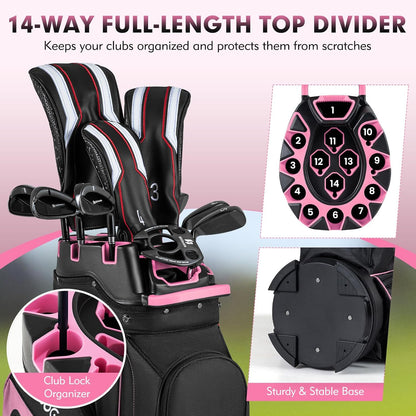 Tangkula Golf Cart Bag with 14-Way Full Length Dividers, 6 Molded Lock Top Golf Club Bag with 11 Pockets, Cooler Bag, Padded Strap, Handles, Umbrella Holder & Rain Hood