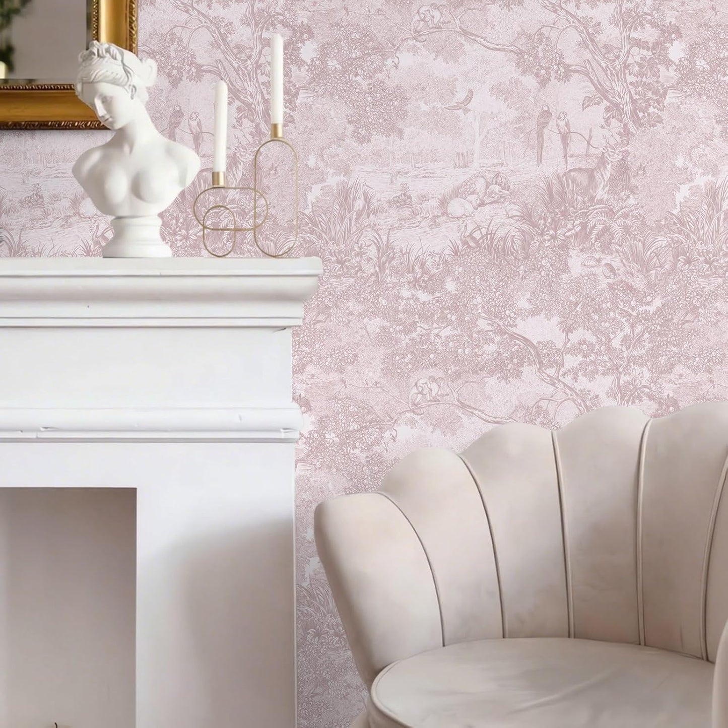 Ismoon Pink Peel and Stick Wallpaper Neutral Wall Paper 17.3in×6.56ft Vintage Removable Self-Adhesive Wallpaper Animals Jungle Contact Paper for Cabinets Bathroom Walls Covering Vinyl Roll