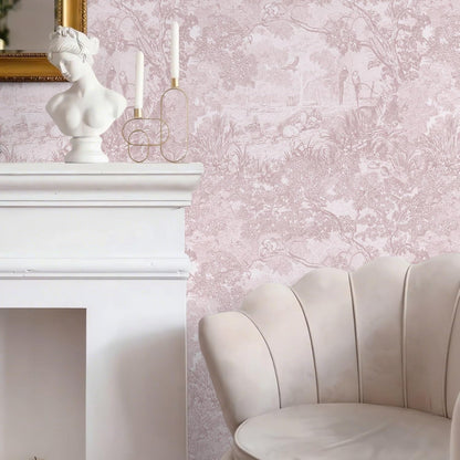 Ismoon Pink Peel and Stick Wallpaper Neutral Wall Paper 17.3in×6.56ft Vintage Removable Self-Adhesive Wallpaper Animals Jungle Contact Paper for Cabinets Bathroom Walls Covering Vinyl Roll