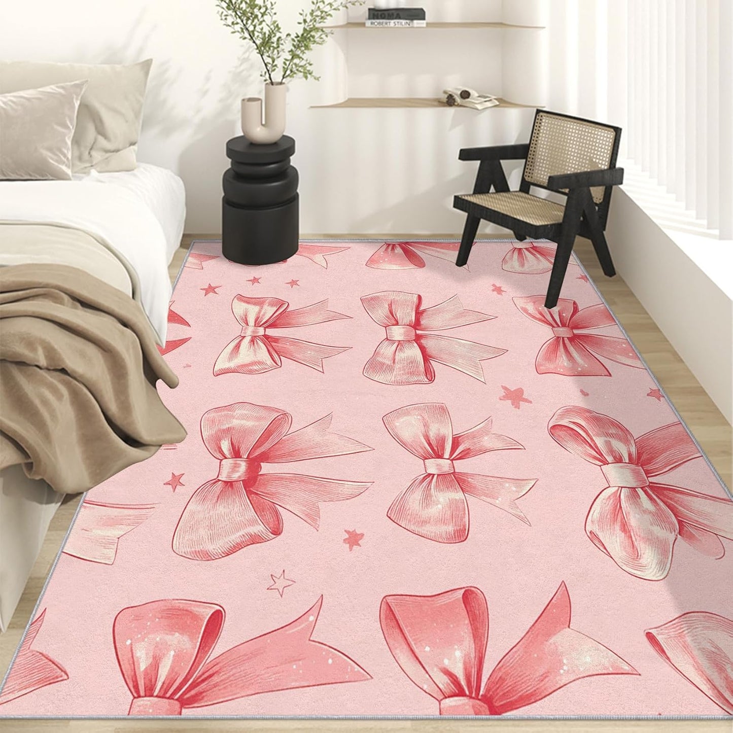Peach Pink Bow Rug - Girly Kawaii Coquette Bow Rugs for Living Room, 6x6 Area Rugs for Bedroom Accessories, Washable Low Pile Non Slip Carpet, Girls Bowknot Home Decor ZcB7