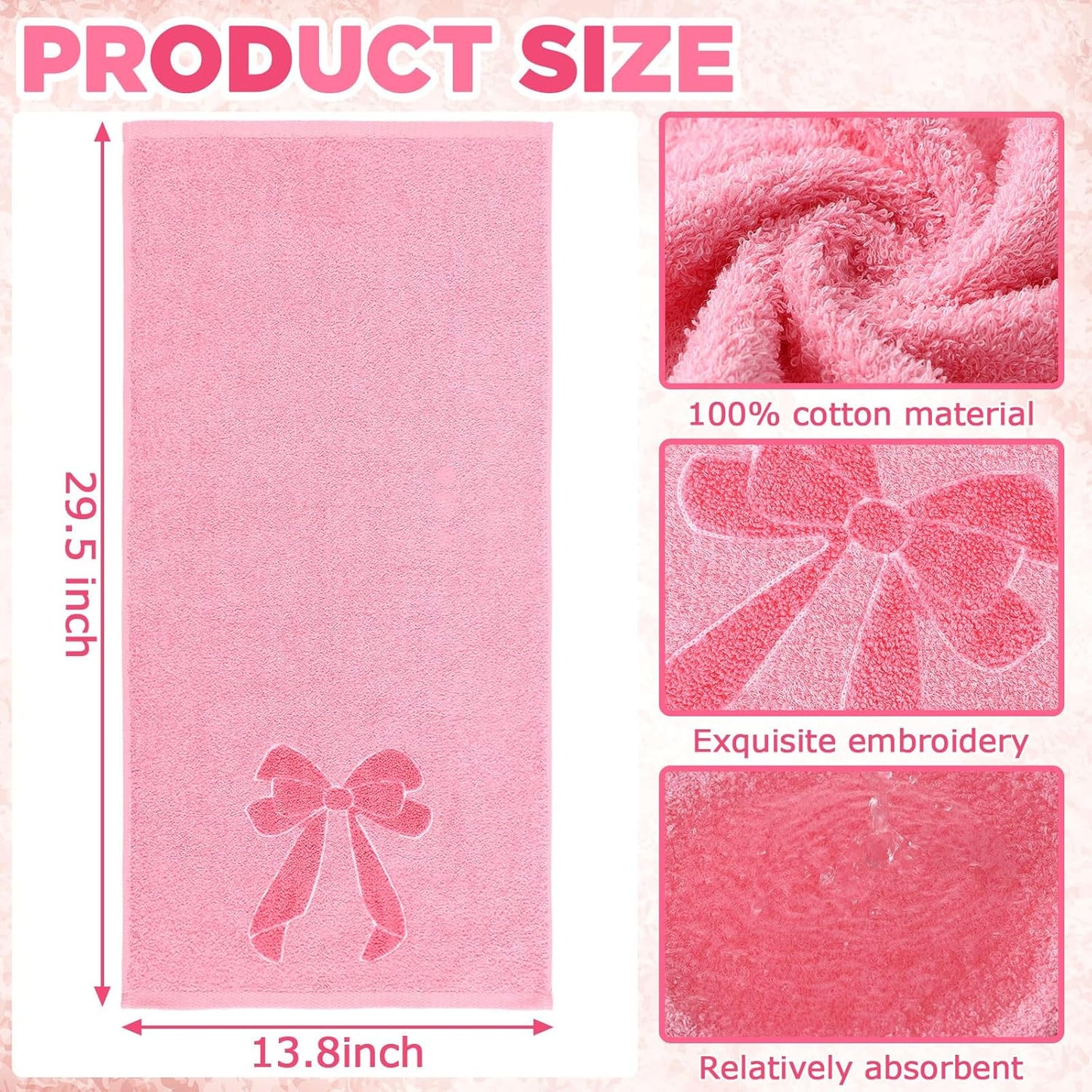 SmoothNovelty 3 Pcs Pink Bow Hand Towels Coquette Kitchen Towels 14 x 29 Inch 100% Cotton Absorbent Preppy Pink Bow Decor for Bathroom Soft Dish Cloth for Women Gifts