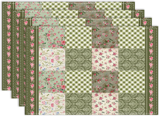 Vintage Boho Floral Placemats Set of 4, 12x18 Inch Green Patchwork Retro Pink Flower Plaid Spring Farmhouse Holiday Coffee Table Mats for Party Kitchen Dining Decoration