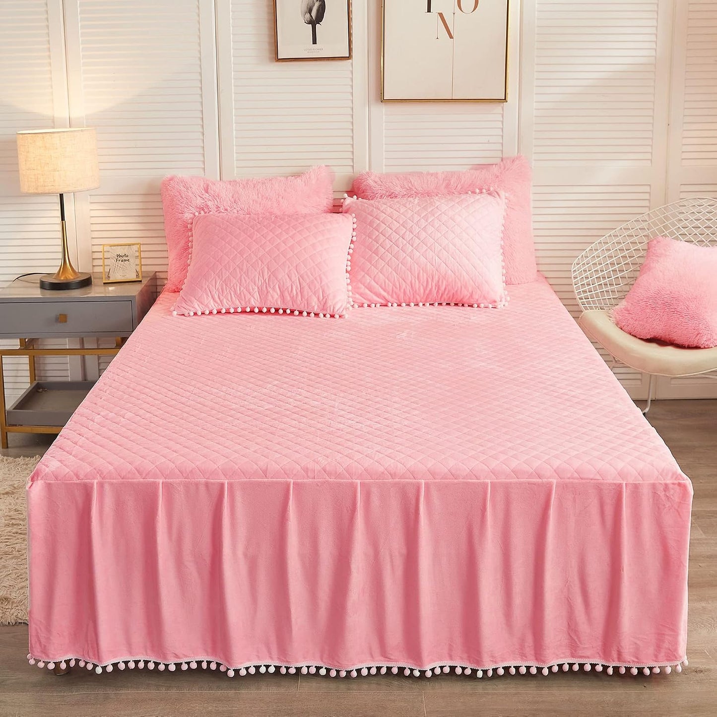 LIFEREVO Luxury Pom Poms Velvet Bed Skirt, Velvet Wrap Around Bed Skirt, Diamond Quilted Fitted Bed Sheet Bedskirt, 18 Inch Drop Dust Ruffle Decorative Bedspread Pompoms Fringe(Twin/Twin XL, Pink)