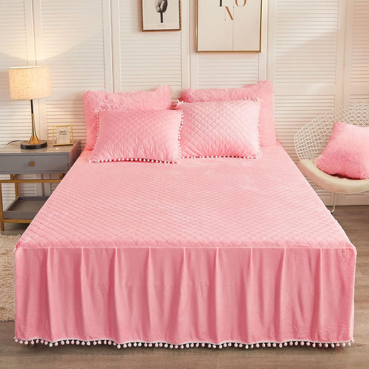 LIFEREVO Luxury Pom Poms Velvet Bed Skirt, Velvet Wrap Around Bed Skirt, Diamond Quilted Fitted Bed Sheet Bedskirt, 18 Inch Drop Dust Ruffle Decorative Bedspread Pompoms Fringe(Twin/Twin XL, Pink)