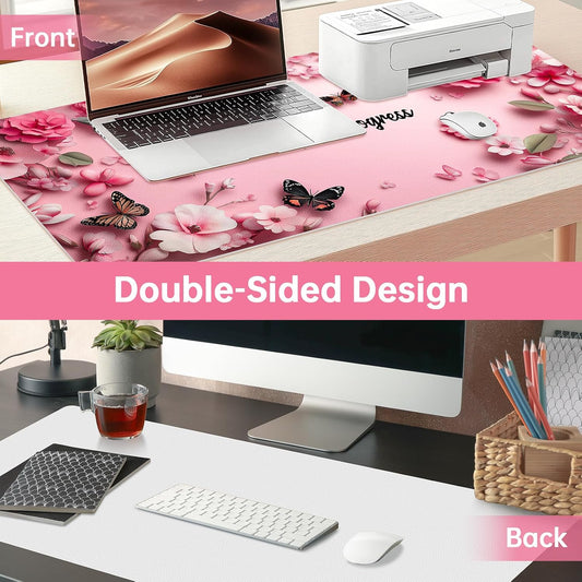PU Leather Desk Mat Blotter,Cute Pink Desk Mat for Office, Home,School,Keyboard,Mouse,15.7"x31.5" Large Non-Slip Writing Mat with Travel Storage Strap, Waterproof Easy to Clean (Pink Butterfly)