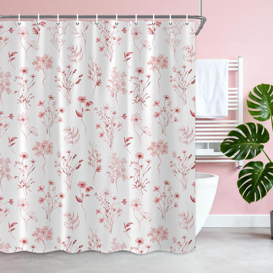 Pink Floral Shower Curtain, Boho Watercolor Flower Eucalyptus Botanical Shower Curtains for Bathroom, Cute Cottagecore Waterproof Fabric Cloth Shower Curtain for vintage Decor with Hooks 72X72IN