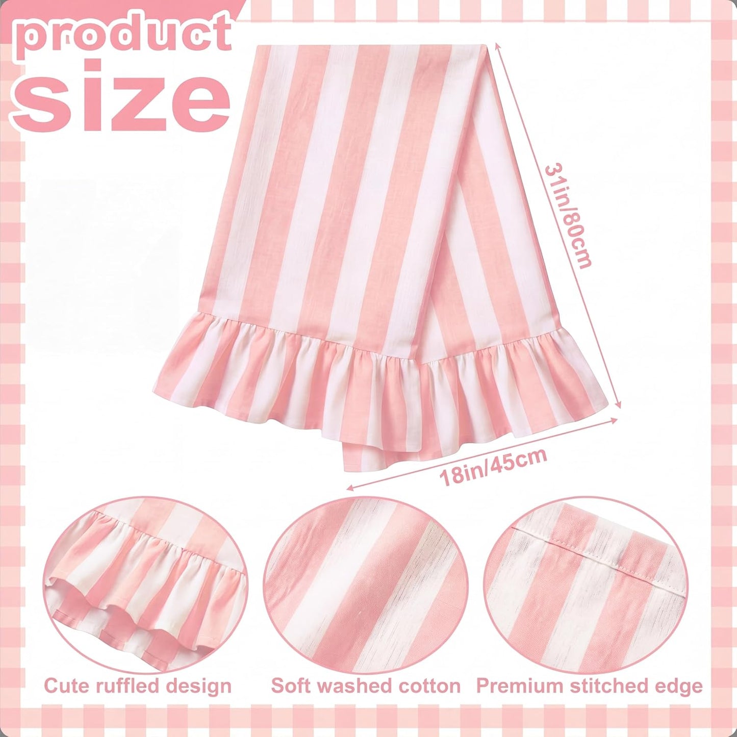 Pink Striped Kitchen Towels Set of 4, 100% Cotton Ruffled Striped Dish Towels 18"x31" Absorbent Tea Cloths Classic Pattern for Farmhouse Charm, Drying Dishes, Entertaining Guests